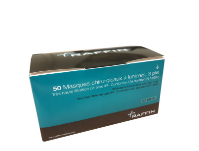 Masque à lanières chirurgicaux 3 plis - Filtration IIR - EN 14683 Bte de 50
