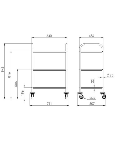 Stainless steel medical trolley 18/10 900x600mm, 3 stamped trays Without guard rails, delivered unassembled