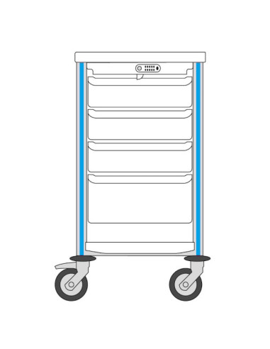 Medical trolley Agily 400x400 3 trays H.115 +1 tray H.195 - blue pop 1 upper+lower thermoplastic shelf, 1 coded cover