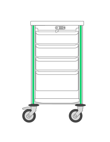 Guéridon Agily 400x400: 3 bacs H.115 + 1 bac H.195-vert pomme 1 tablette supérieure+inférieure thermoplastique,1 capot àcode