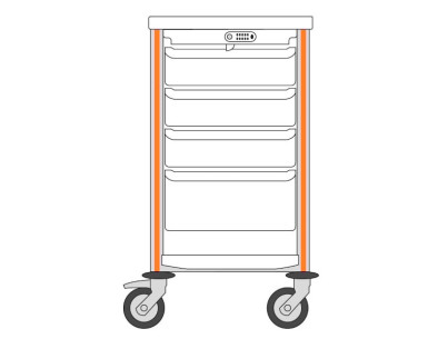Medical trolley Agily 400x400 3 trays H.115 +1 tray H.195 - orange 1 upper+lower thermoplastic shelf, 1 coded cover