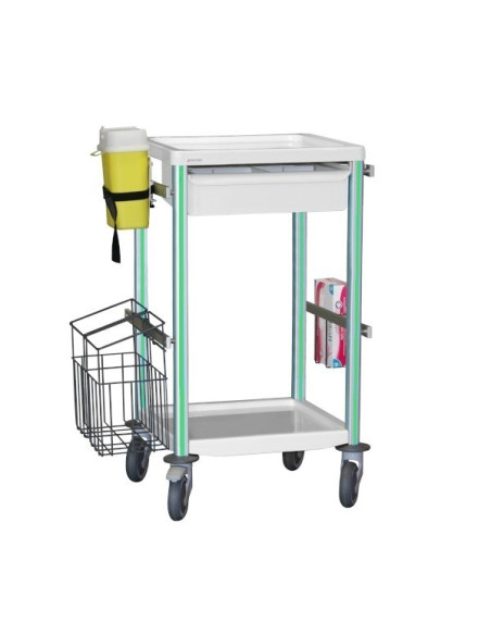 Medical trolley Agily 400x400 1trayH.115+glove hold,needle-applegreen needle collect,1 double mobile bin, 4 standard rails