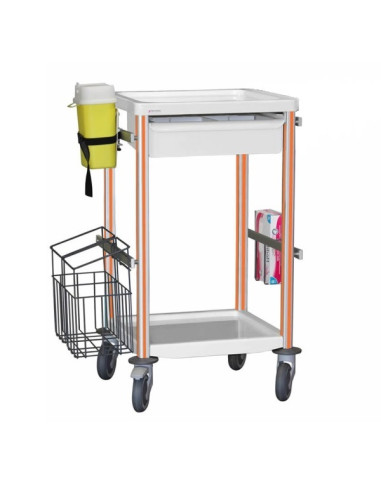 Medical trolley Agily 400x400 1 tray H.115+glove hold,needle - orange needle collect,1 double mobile bin, 4 standard rails