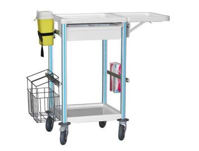 Medical trolley Agily 400x400 1trayH.115+glove hold,fold.tab-blue pop needle collect,1 double mobile bin, 4 standard rails