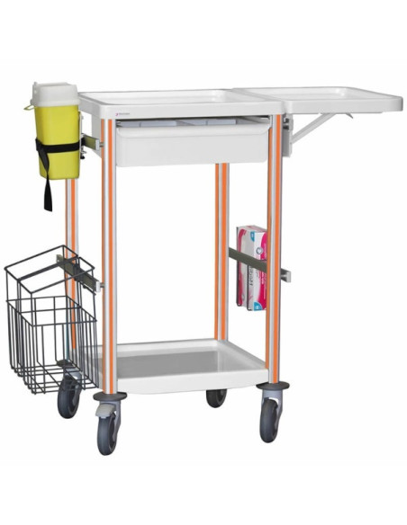 Medical trolley Agily 400x400 1trayH.115+glove hold,fold.tab-orange needle collect,1 double mobile bin, 4 standard rails