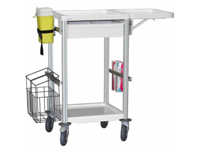 Medical trolley Agily 400x400 1trayH.115+glove hold,fold.tab-pearlgra needle collect,1 double mobile bin, 4 standard rails