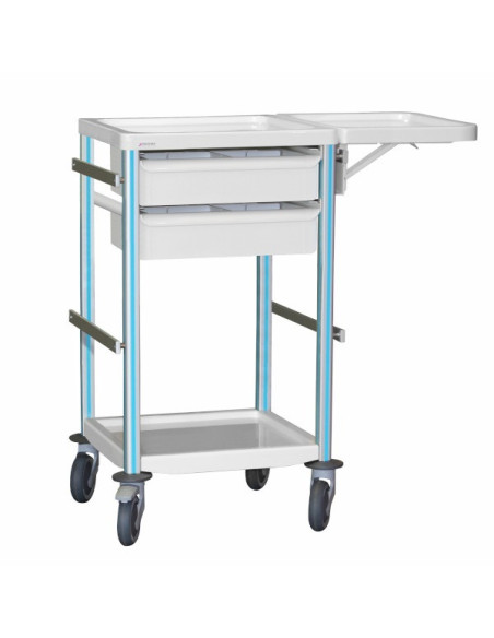 Medical trolley Agily 400x400 2 trays H.115 +folding shelf -blue pop 4 standard rails, bin with slides