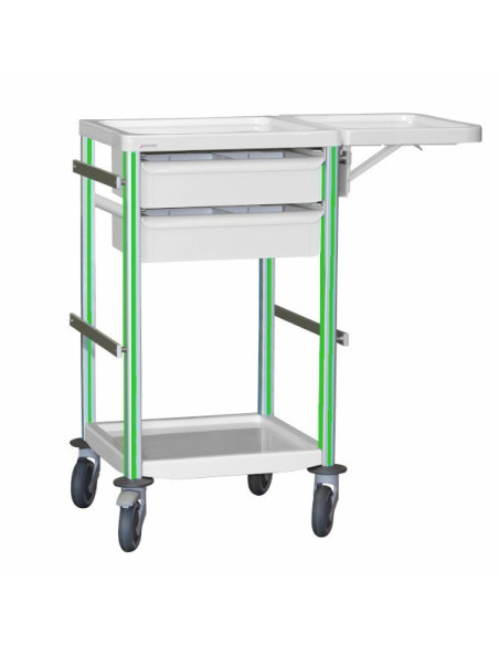 Medical trolley Agily 400x400 2 trays H.115+folding shelf-green apple 4 standard rails, bin with slides