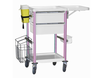 Medical trolley Agily 400x400 2 trays H.115+fold.shelf+stora-fuchsia needle collect, double mobile trash, 4 standard rails