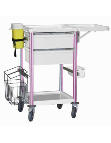 Medical trolley Agily 400x400 2 trays H.115+fold.shelf+stora-fuchsia needle collect, double mobile trash, 4 standard rails