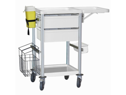 Medical trolley Agily 400x400 2 trays H.115+fold.shelf+stora-pearlgra needle collect, double mobile trash, 4 standard rails