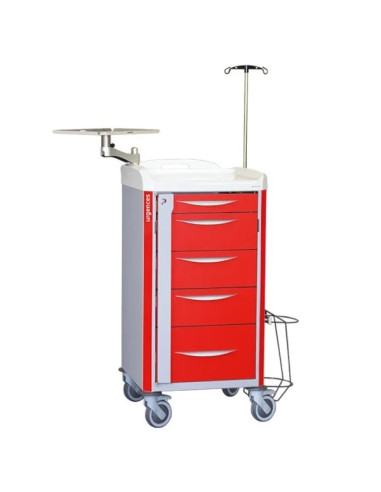 Neop 400x400 emergency equipped trolley 5 telescopic drawers  col. red, support for:cardiac massage,monitoring, oxygene bottle