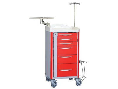 Neop 400x400 emergency equipped trolley 6 telescopic drawers  col. red, support for:cardiac massage,monitoring, oxygene bottle