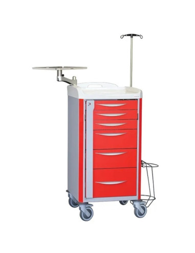 Neop 400x400 emergency equipped trolley 6 telescopic drawers  col. red, support for:cardiac massage,monitoring, oxygene bottle