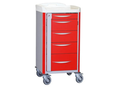 Chariot d'urgence de base NEOP 400x400 H100 5 tiroirs télescopiques couleur rouge, support et planche de massage cardiaque