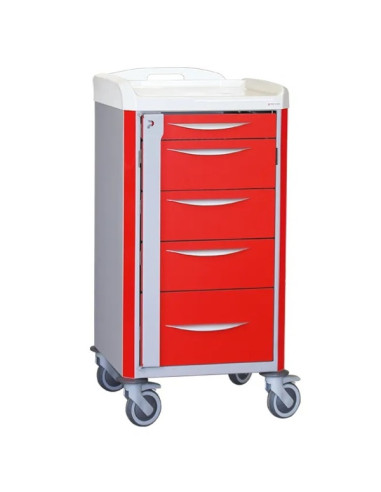 Chariot d'urgence de base NEOP 400x400 H100 5 tiroirs télescopiques couleur rouge, support et planche de massage cardiaque