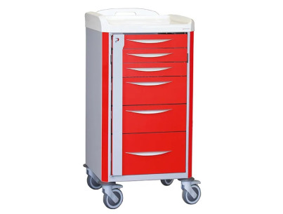 Chariot d'urgence de base NEOP 400x400 H100 6 tiroirs télescopiques couleur rouge, support et planche de massage cardiaque
