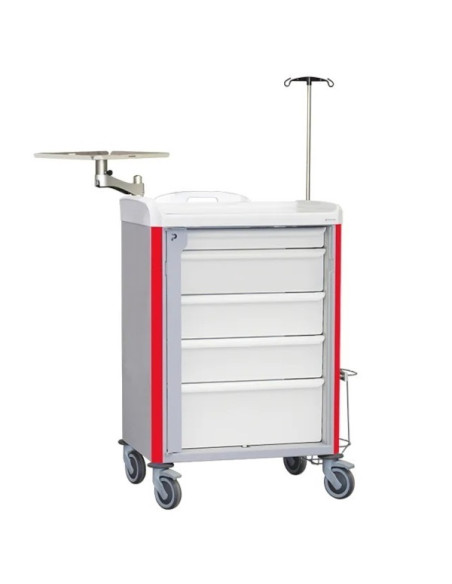 Neop 600x400 emergency equipped trolley 5 attached drawers  red color, support and board for cardiac massage, monitoring support