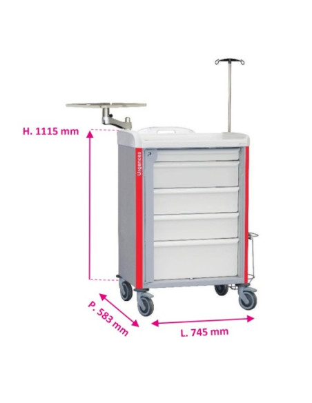 Neop 600x400 emergency equipped trolley 5 attached drawers  red color, support and board for cardiac massage, monitoring support