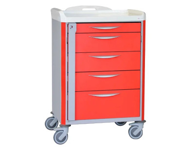 Chariot d'urgence de base NEOP 600x400 H100 5 tiroirs télescopiques couleur rouge, support et planche de massage cardiaque