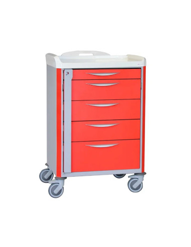 Chariot d'urgence de base NEOP 600x400 H100 5 tiroirs télescopiques couleur rouge, support et planche de massage cardiaque