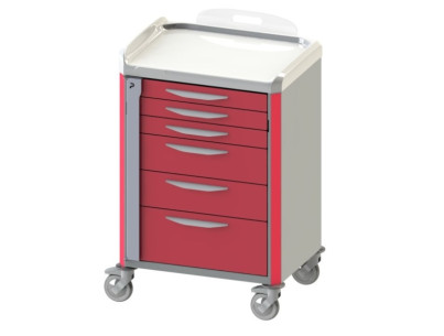Chariot d'urgence de base NEOP 600x400 H100 6 tiroirs télescopiques couleur rouge, support et planche de massage cardiaque