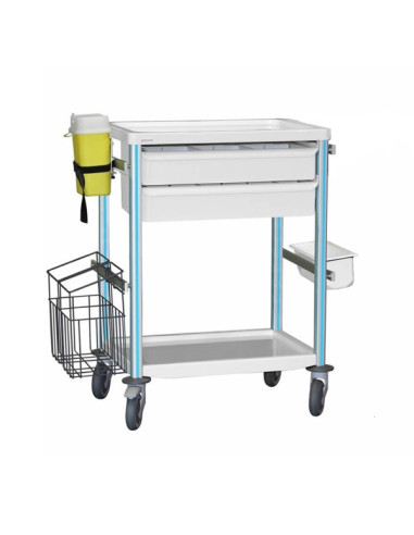 Medical trolley Agily 600x400 2 trays H.115+bin+needle col.+stor-blue 4 standard rails, bin with slides