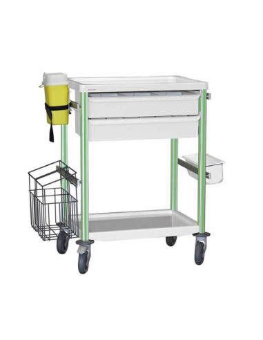 Medical trolley Agily 600x400 2trays H.115+bin+needle col.+stor-green 4 standard rails, bin with slides