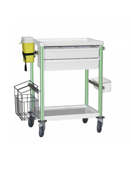 Medical trolley Agily 600x400 2trays H.115+bin+needle col.+stor-green 4 standard rails, bin with slides