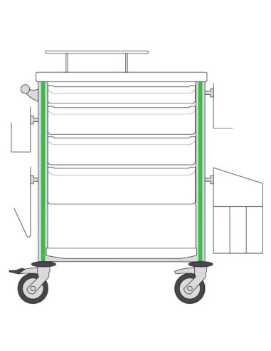 Medical trolley Agily 600x400 4trays H.75/115/155+bin+needlcoll-green file+glove box support,4 std rails, bin with slides+handle