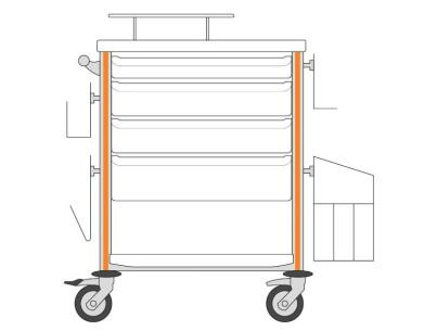 Medical trolley Agily 600x400 4trays H.75/115/155+bin+needlcoll-orang file+glove box support,4 std rails, bin with slides+handle