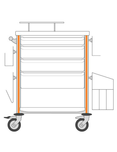 Medical trolley Agily 600x400 4trays H.75/115/155+bin+needlcoll-orang file+glove box support,4 std rails, bin with slides+handle