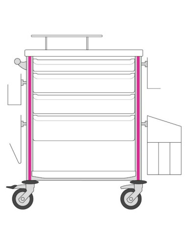 Medical trolley Agily 600x400 4trays H.75/115/155+bin+needlcoll-fuchs file+glove box support,4 std rails, bin with slides+handle