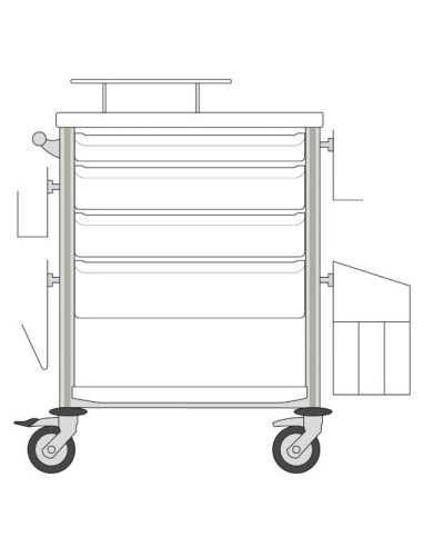 Medical trolley Agily 600x400 4trays H.75/115/155+bin+needlcoll-grey file+glove box support,4 std rails, bin with slides+handle