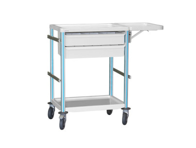 Medical trolley Agily 600x400 2 trays H.115 + folding tablet-blue pop 4 standard rails, bin with slides