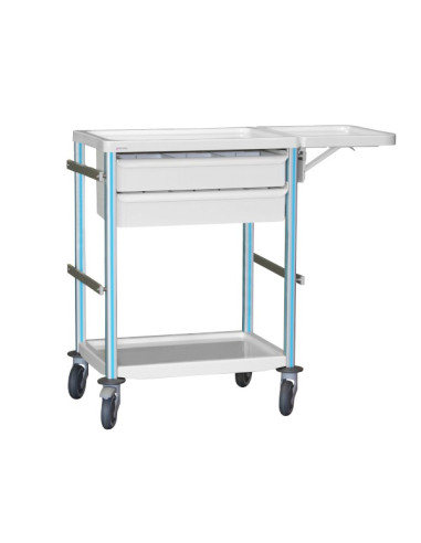 Medical trolley Agily 600x400 2 trays H.115 + folding tablet-blue pop 4 standard rails, bin with slides