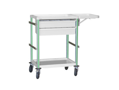 Medical trolley Agily 600x400 2 trays H.115 + folding tablet-green 4 standard rails, bin with slides