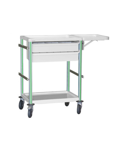 Medical trolley Agily 600x400 2 trays H.115 + folding tablet-green 4 standard rails, bin with slides