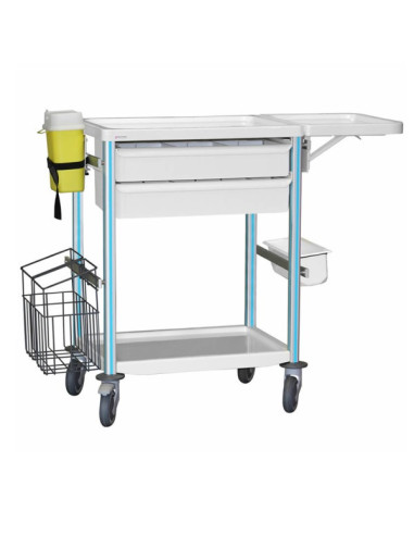 Medical trolley Agily 600x400 2 traysH.115+folding tabl+bin+stor-blue needle collector, 4 standard rails, bin with slides