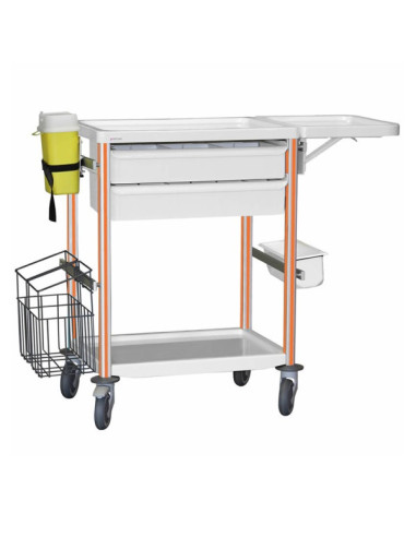 Medical trolley Agily 600x400 2traysH.115+folding tabl+bin+stor-orang needle collector, 4 standard rails, bin with slides