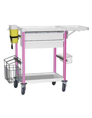 Medical trolley Agily 600x400 2traysH.115+folding tabl+bin+stor-fuchs needle collector, 4 standard rails, bin with slides