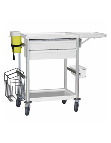 Medical trolley Agily 600x400 2traysH.115+folding tabl+bin+stor-grey needle collector, 4 standard rails, bin with slides