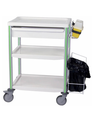 Medical trolley Agily 600x400 3 plates,1 tray H.115+bin-apple green needle collector, 2 standard rails, bin with slides