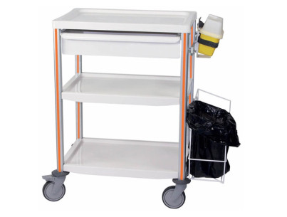 Medical trolley Agily 600x400 3 plates,1 tray H.115+bin - orange needle collector, 2 standard rails, bin with slides