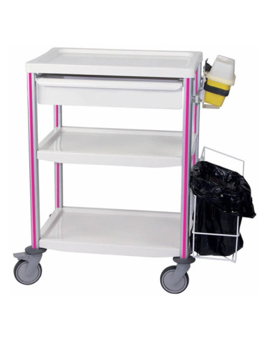 Medical trolley Agily 600x400 3 plates,1 tray H.115+bin - fuchsia needle collector, 2 standard rails, bin with slides