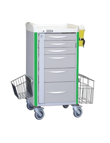 Neop 400x400 nursing trolley+telescopic drawers 3s/2m/1b-apple green teles. drawers: 3H80-2H160-1H240, code lock, trash, basket