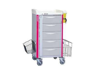 Chariot de soins NEOP 400x400 H100 5 tir. télescop H160-rose magenta serrure à code,poubelle,panier,support récup.d'aiguilles