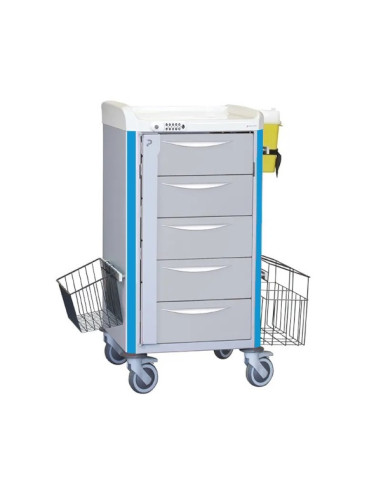 Neop 400x400 nursing trolley 5 telescopic drawers H160 - sky blue code lock, 1 trash, 1 basket, 1 needle collector holder