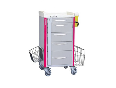 Chariot de soins NEOP 400x400 H100 5 tir. téles 1p/3m/1g-rose magenta serru.à code,poubel,panier,support récup.d'aiguilles