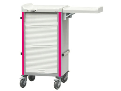 Chariot de soins NEOP 400x400 H100 5tir.jointif 1p/3m/1g-rose magenta,serru.à code,3 rails,1 tablette d'ex. rabatt,fer.rid